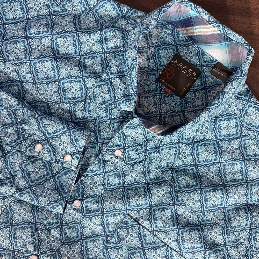 Roper Blue Geometric Paisley Western Peal Snap Shirt Mens‎ XL EUC
